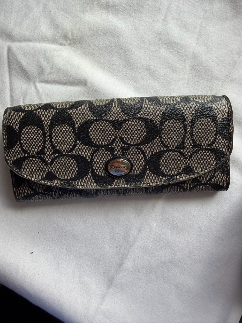 Coach Signature Continental Wallet in Black and Gray Canvas